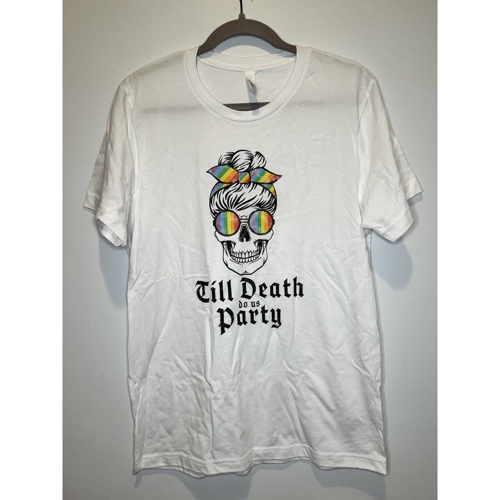 Till Death Do Us Party LGBTQ Skull T-Shirt Size M White with Rainbow Accents